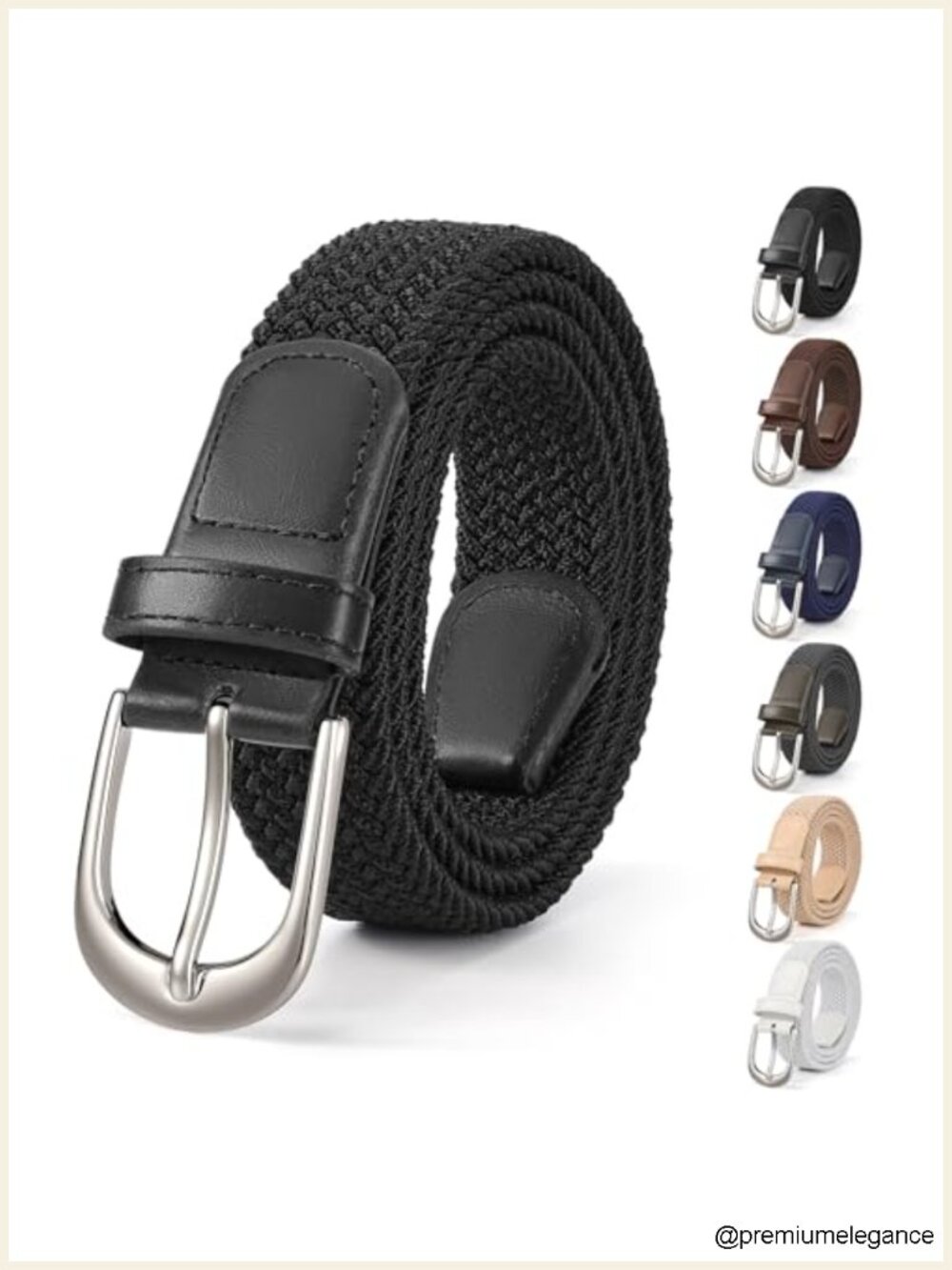 Elastic Braided Stretch Waist Belt with Silver Buckle No-Hole Adjustable Woven